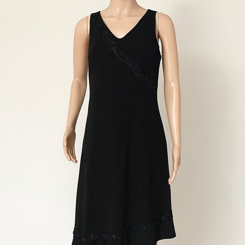 Donna Ricco Black Asymmetrical Floral Beaded 90s Y2K Dress Size 14 Knee Midi